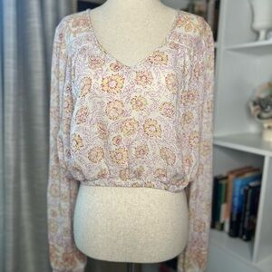 Billabong Floral V-Neck Blouse in Cream, Yellow, Pink/Purple